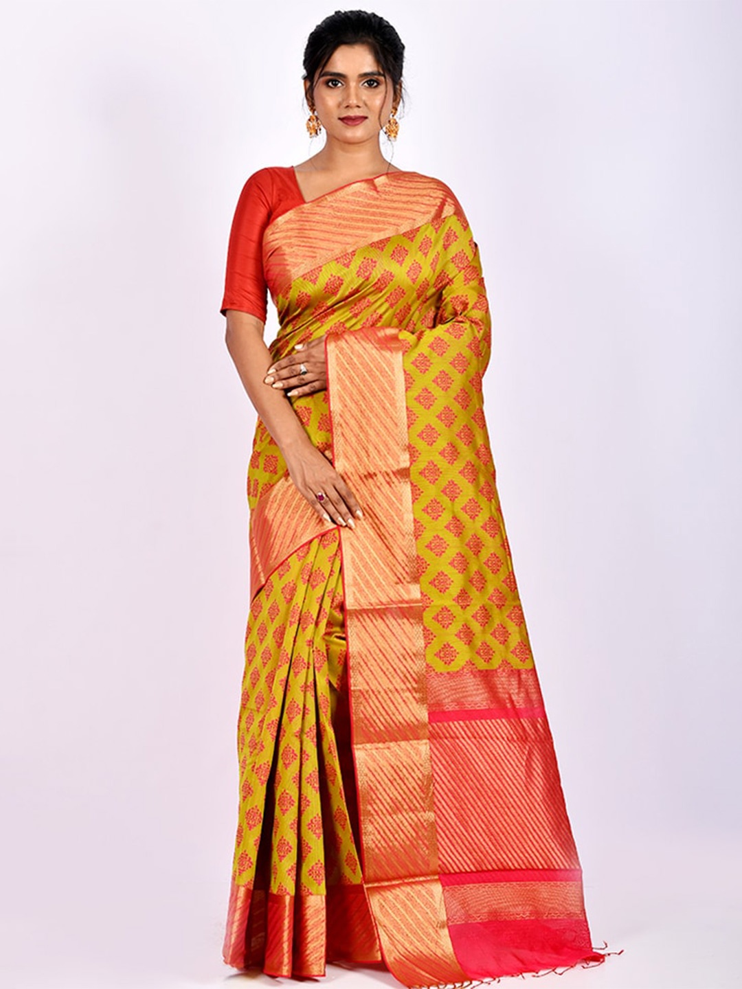

AllSilks Lime Green & Pink Woven Design Zari Pure Cotton Saree