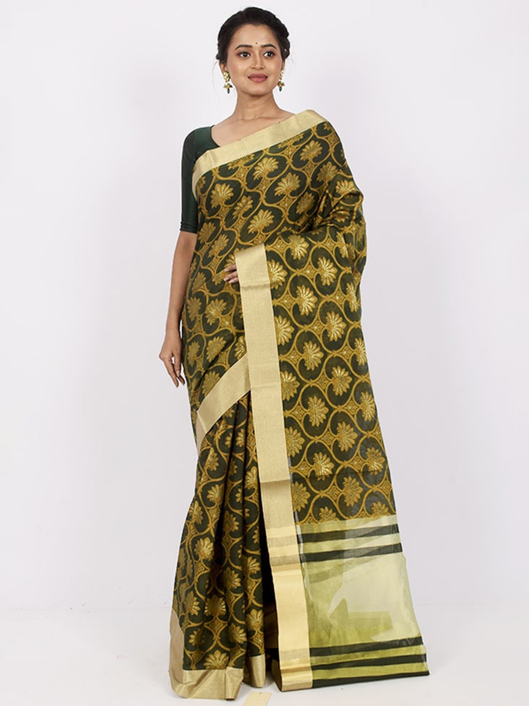 

AllSilks Olive Green & Gold-Toned Ethnic Motifs Silk Cotton Saree