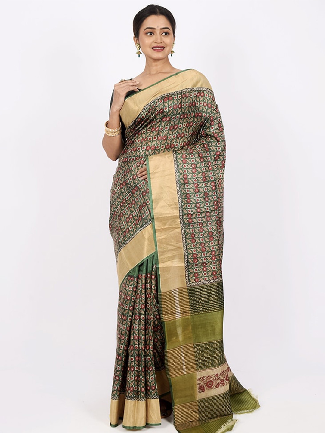 

AllSilks Green & Red Floral Zari Silk Blend Tussar Saree
