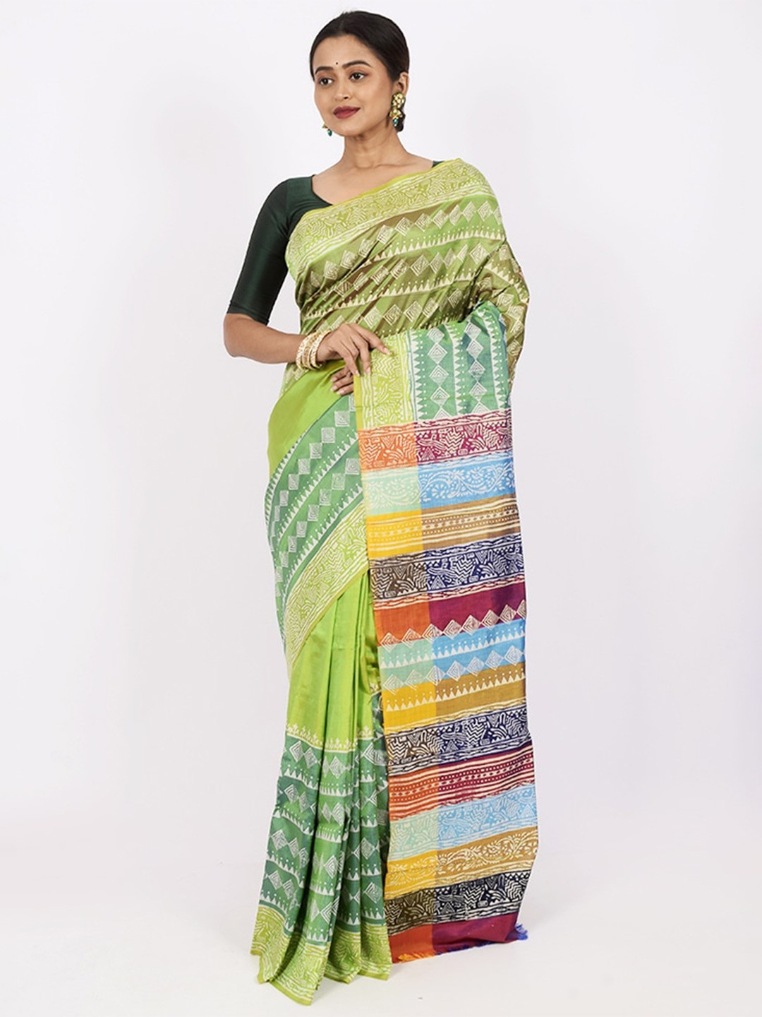 

AllSilks Green & Red Floral Pure Silk Saree