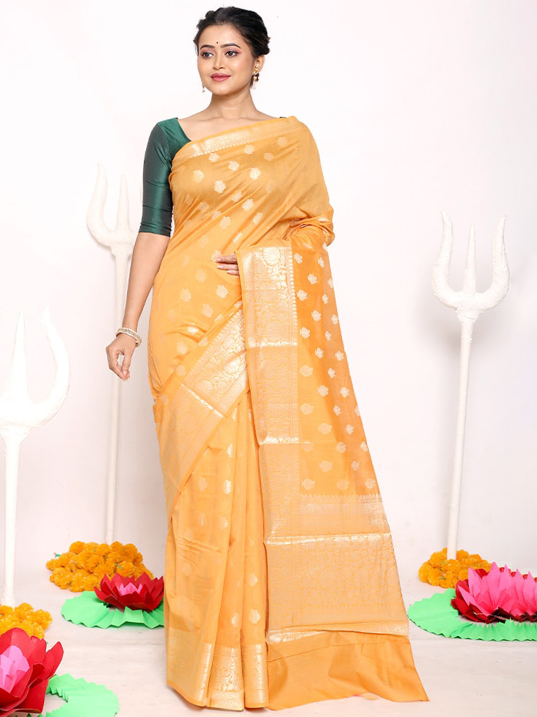 

AllSilks Yellow & Gold-Toned Woven Design Zari Silk Cotton Saree