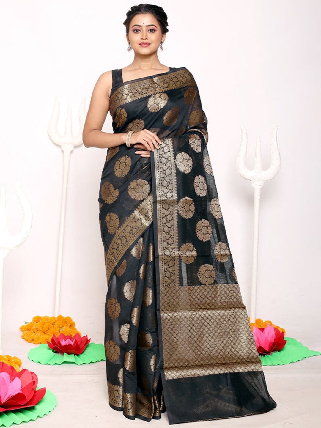 

AllSilks Black & Copper-Toned Woven Design Zari Pure Cotton Saree