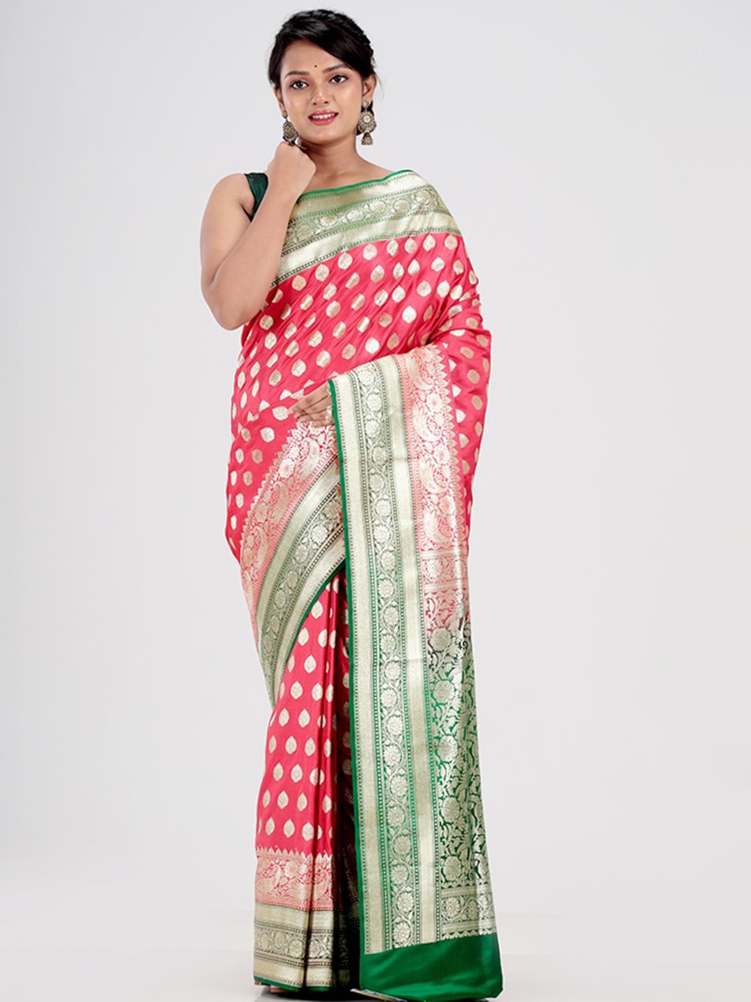

AllSilks Pink & Green Woven Design Zari Silk Blend Banarasi Saree