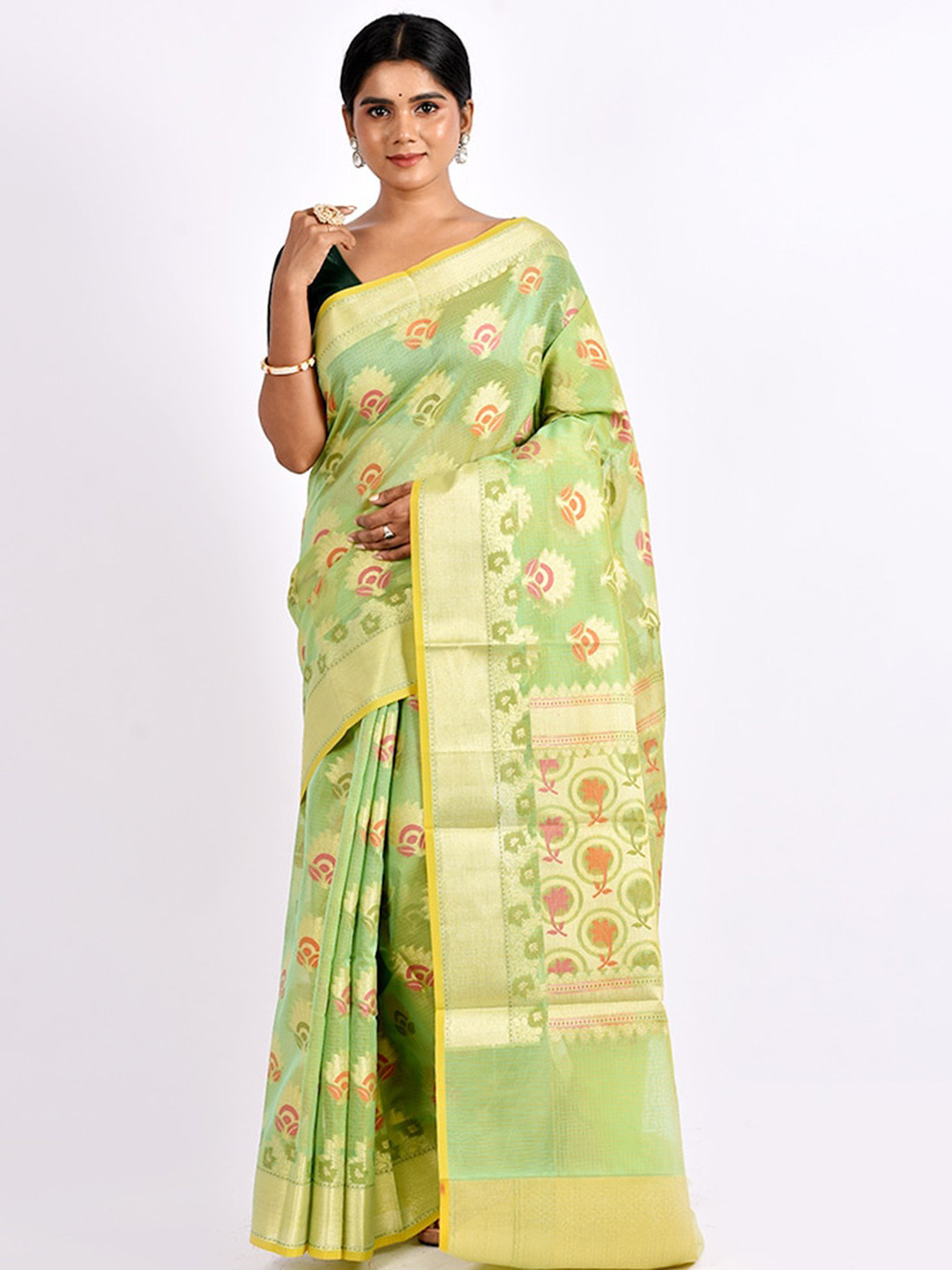 

AllSilks Green & Gold-Toned Woven Design Zari Silk Cotton Saree