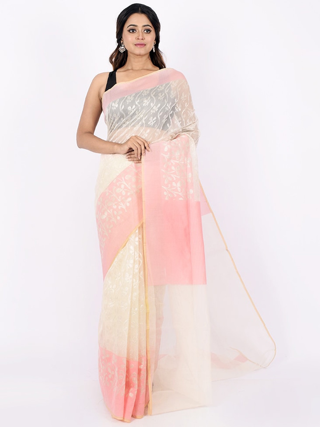 

AllSilks Off White & Pink Woven Design Zari Net Saree