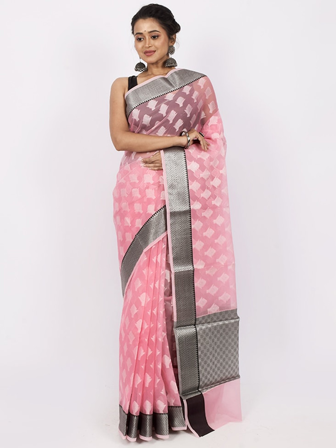 

AllSilks Pink & Black Woven Design Silk Cotton Saree