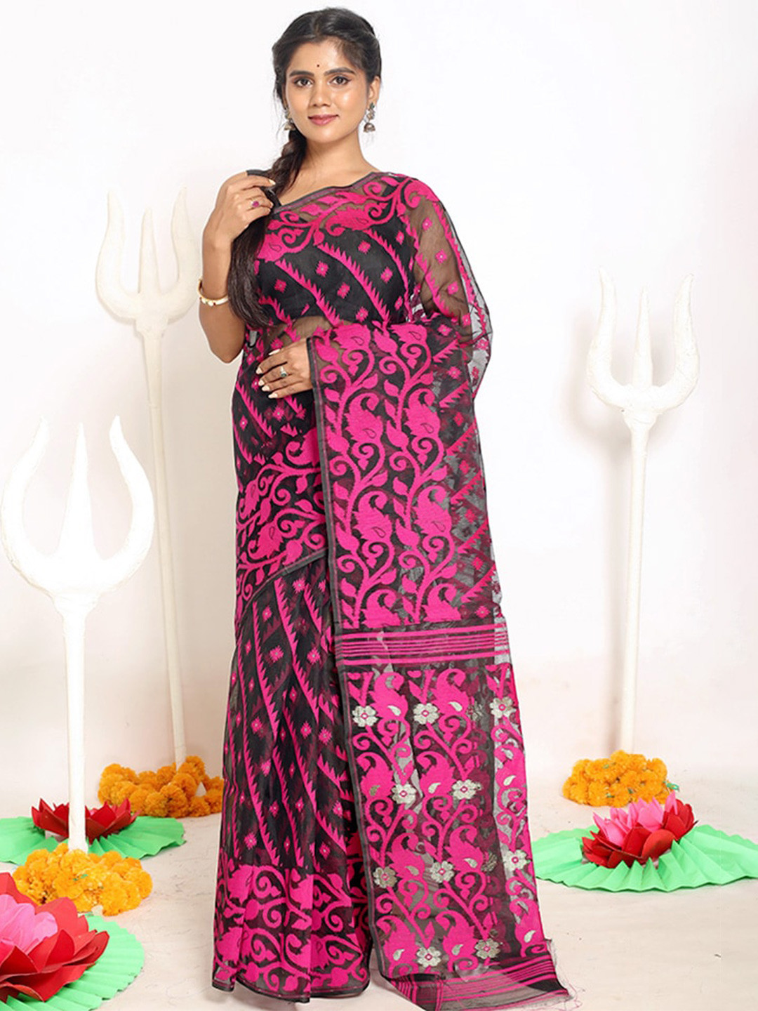 

AllSilks Black & Pink Woven Design Pure Cotton Taant Saree