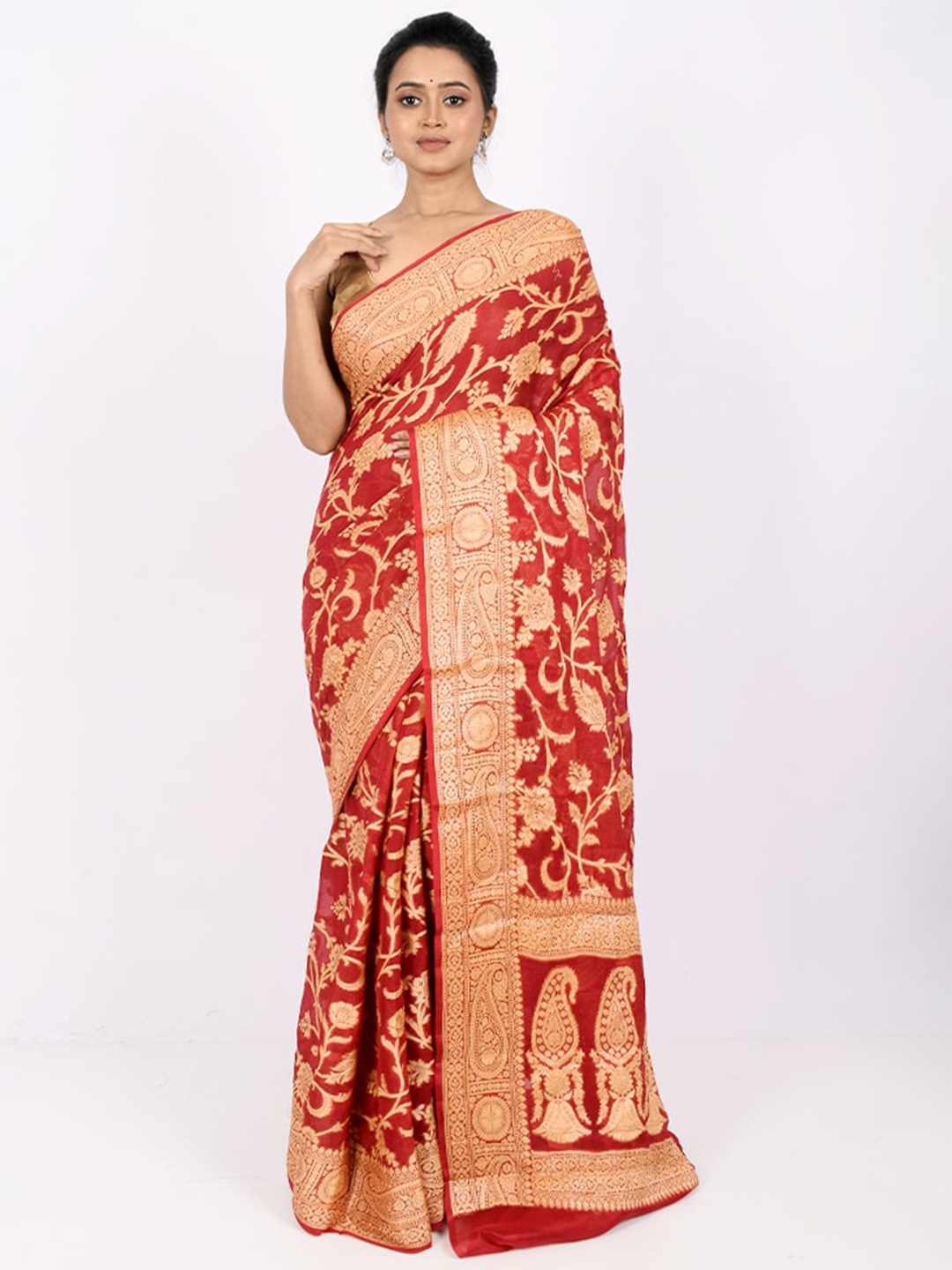 

AllSilks Red & Gold-Toned Woven Design Zari Pure Georgette Saree