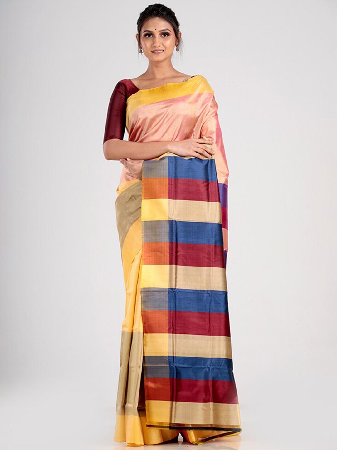 

AllSilks Pink & Blue Colourblocked Pure Silk Saree