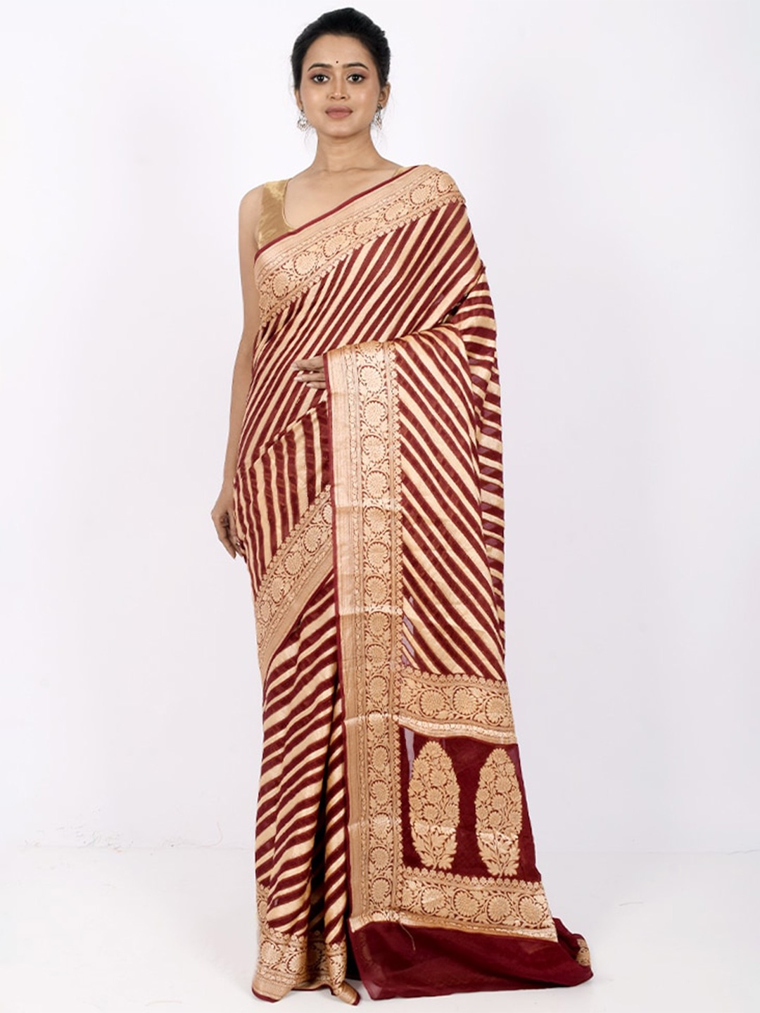 

AllSilks Maroon & Gold-Toned Woven Design Zari Pure Georgette Saree