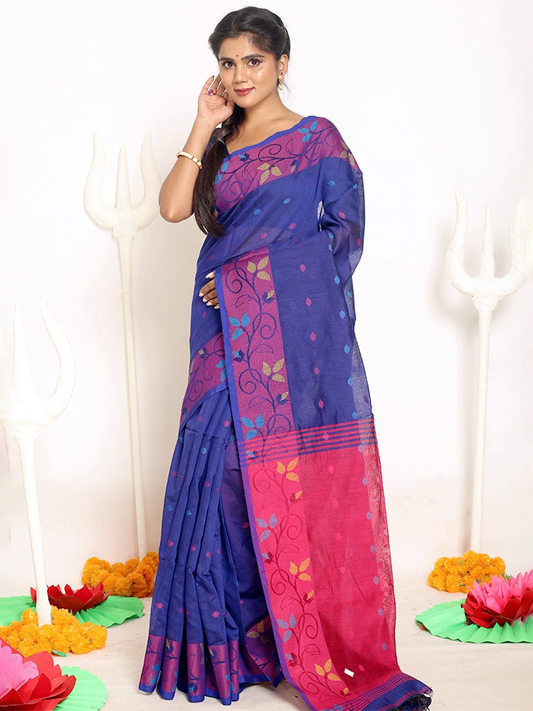 

AllSilks Navy Blue & Pink Woven Design Silk Blend Saree