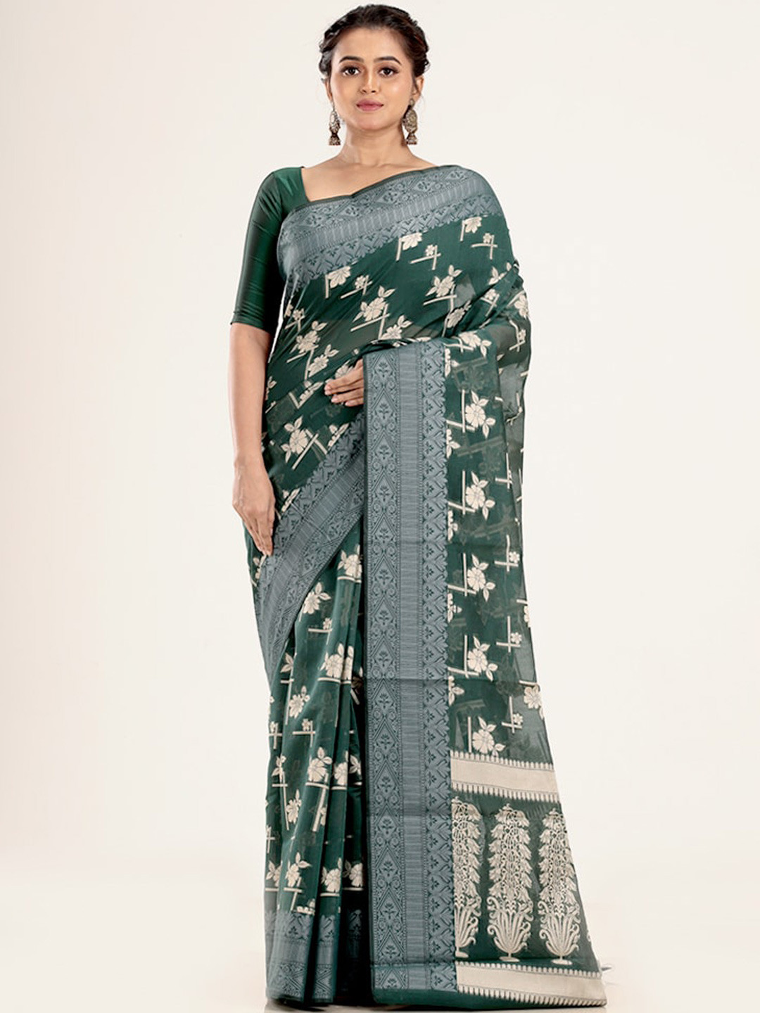 

AllSilks Green & Cream-Coloured Floral Silk Cotton Saree