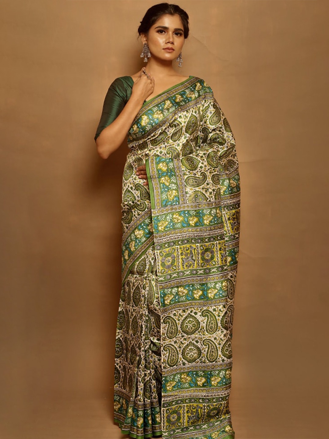 

AllSilks Cream-Coloured & Blue Paisley Pure Silk Saree