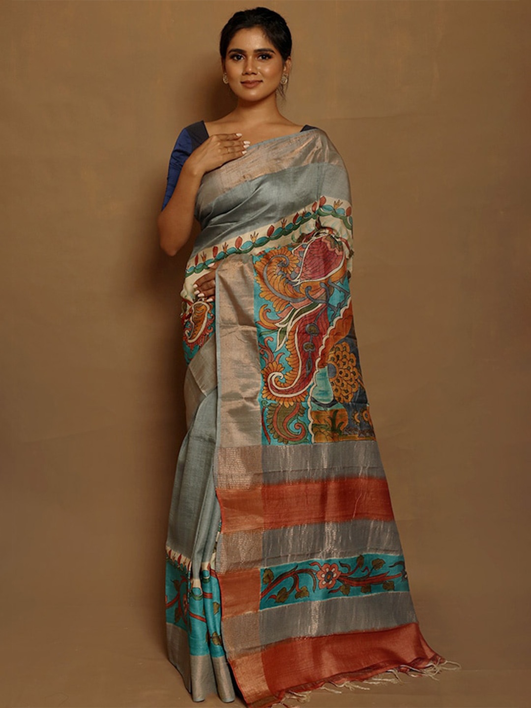 

AllSilks Blue & Red Paisley Zari Silk Blend Tussar Saree