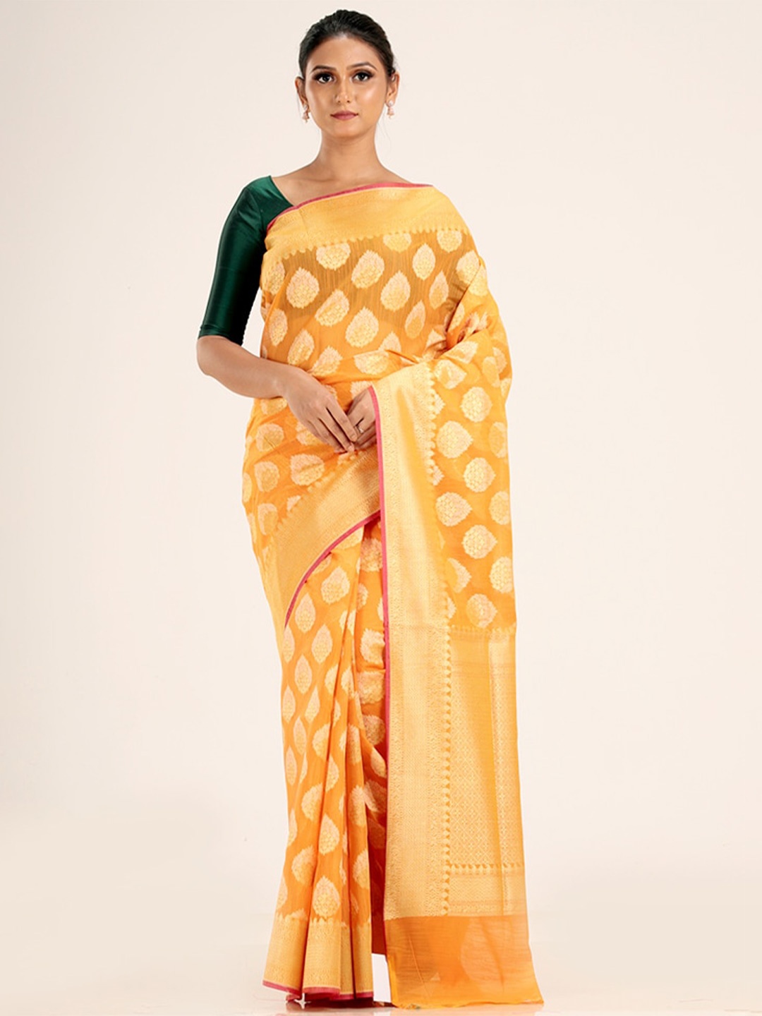 

AllSilks Yellow & Gold-Toned Woven Design Zari Silk Cotton Saree