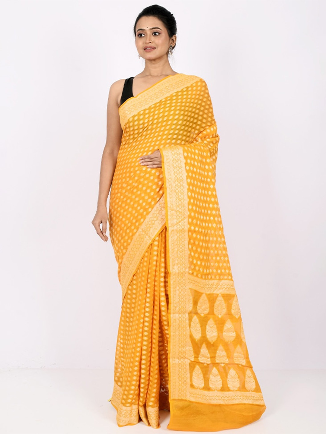 

AllSilks Yellow & Off White Woven Design Pure Georgette Saree