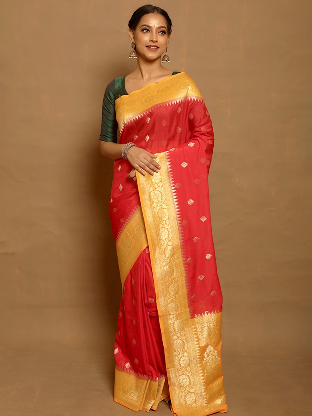 

AllSilks Red & Mustard Woven Design Zari Pure Georgette Heavy Work Saree