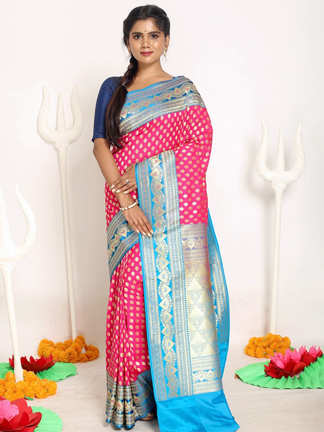 

AllSilks Pink & Blue Woven Design Zari Silk Blend Uppada Saree