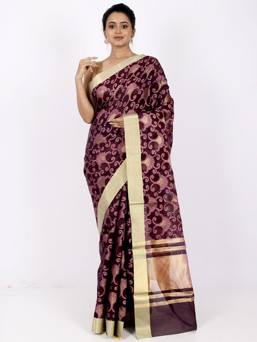 

AllSilks Violet & Gold-Toned Floral Zari Silk Cotton Saree
