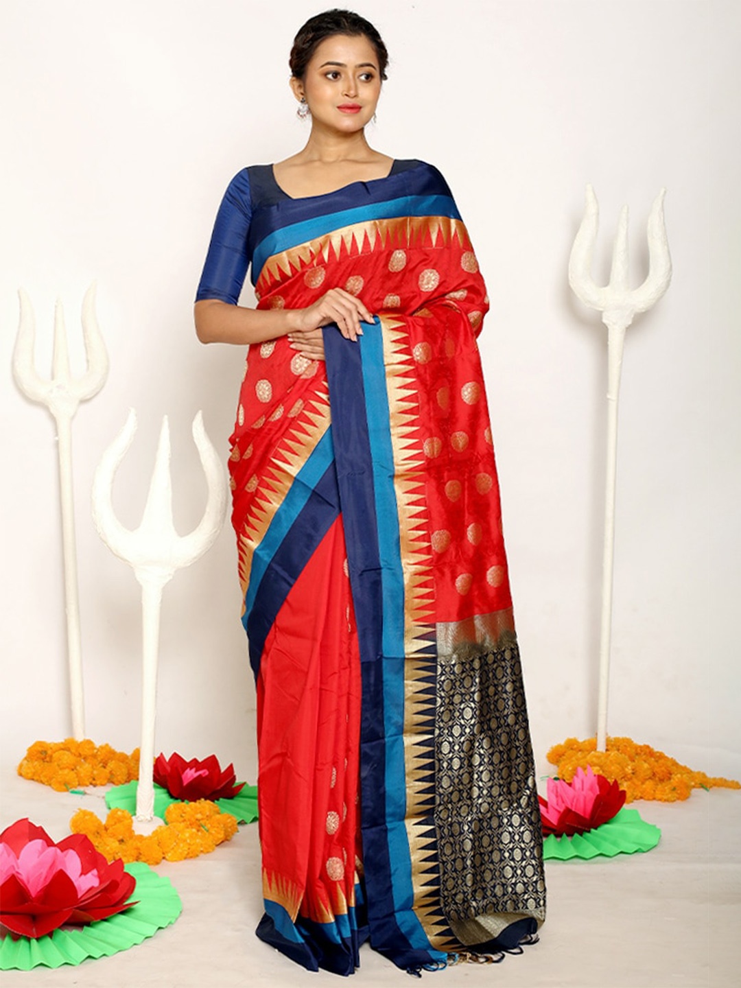 

AllSilks Red & Blue Woven Design Zari Silk Blend Kanjeevaram Saree