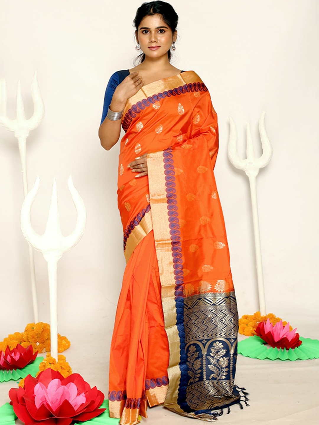 

AllSilks Orange & Blue Woven Design Zari Silk Blend Kanjeevaram Saree
