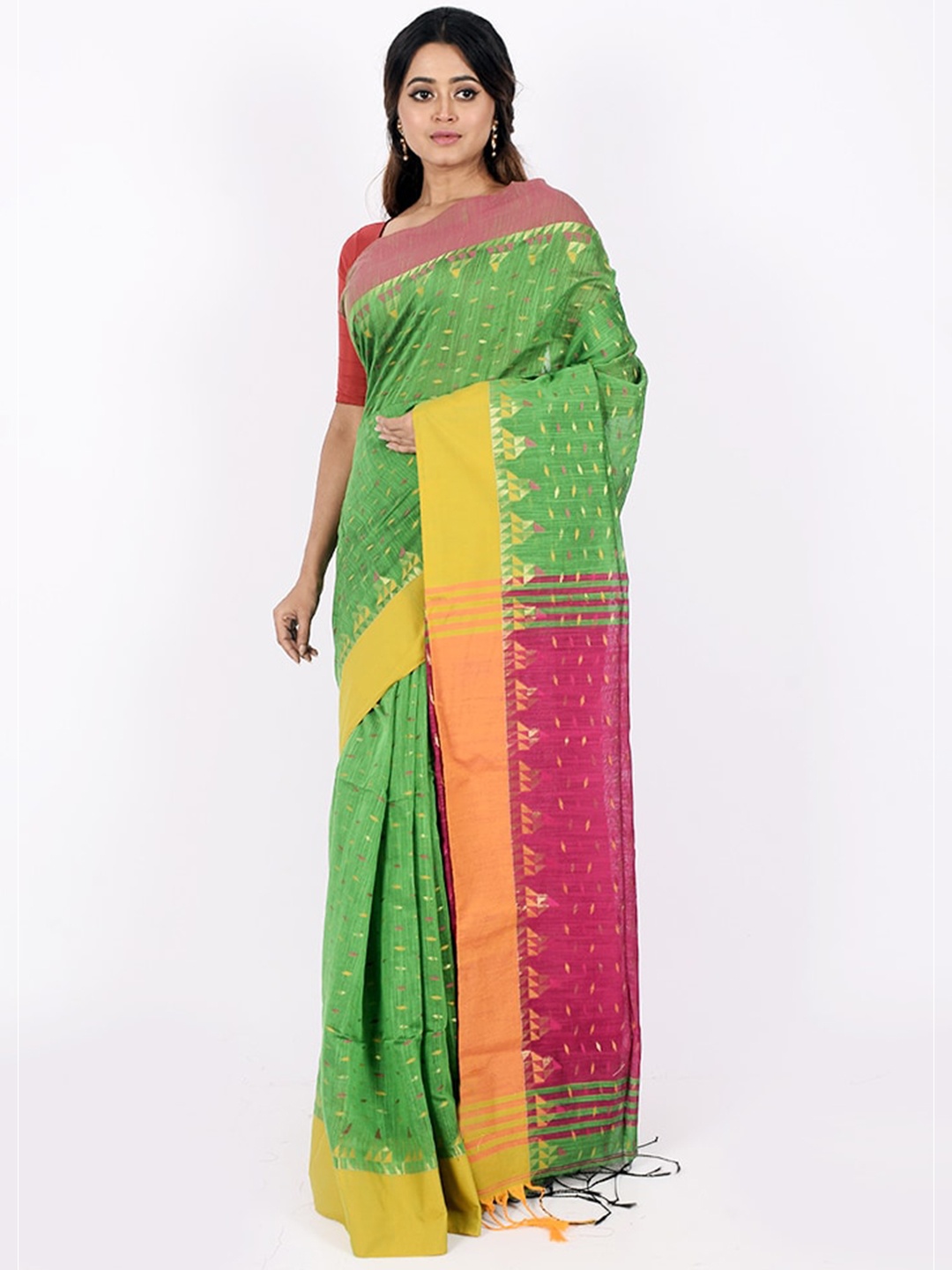 

AllSilks Green & Mustard Woven Design Silk Blend Saree