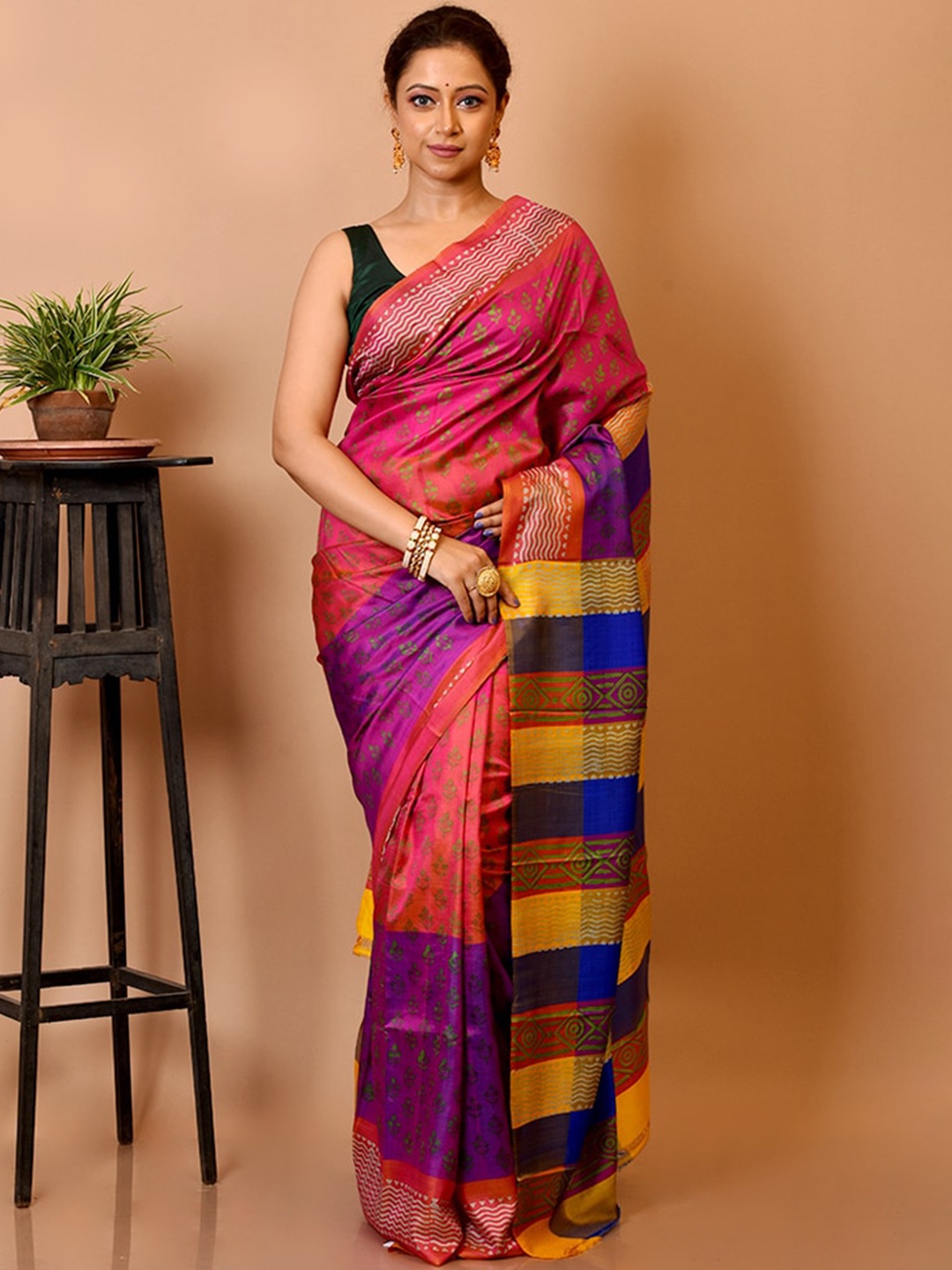 

AllSilks Pink & Blue Floral Pure Silk Saree