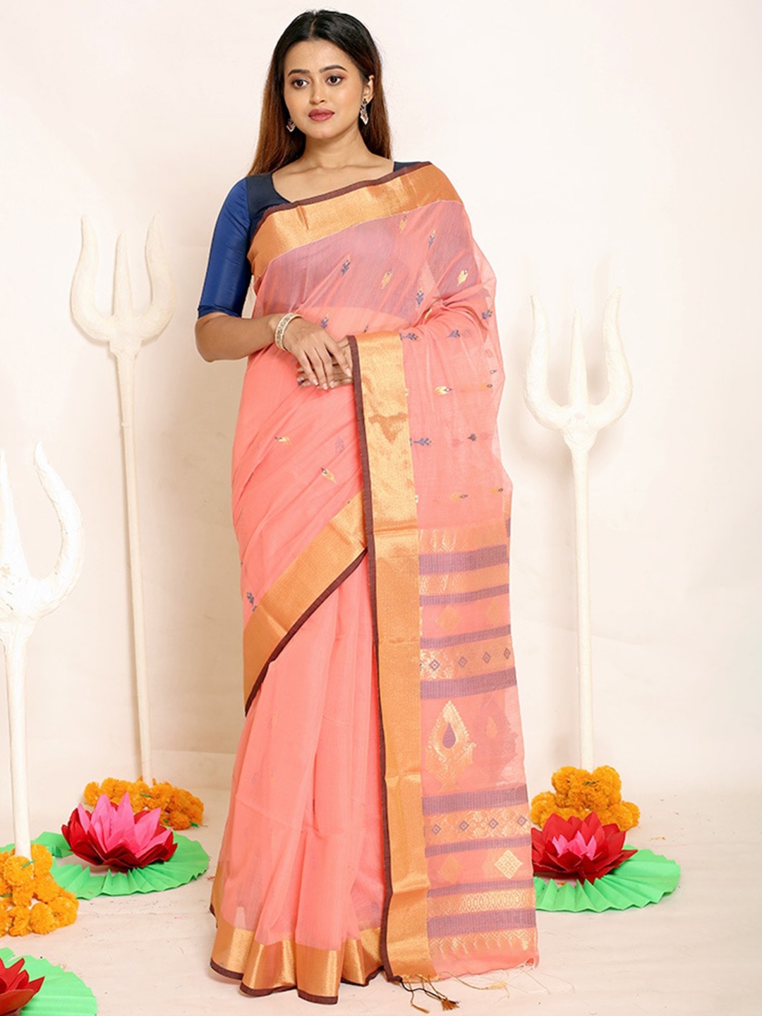 

AllSilks Rust & Blue Woven Design Silk Blend Saree