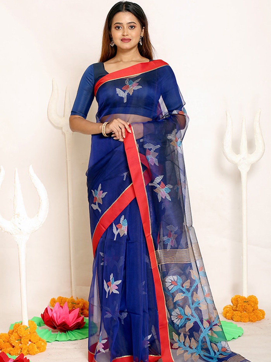 

AllSilks Navy Blue & Red Woven Design Silk Blend Saree