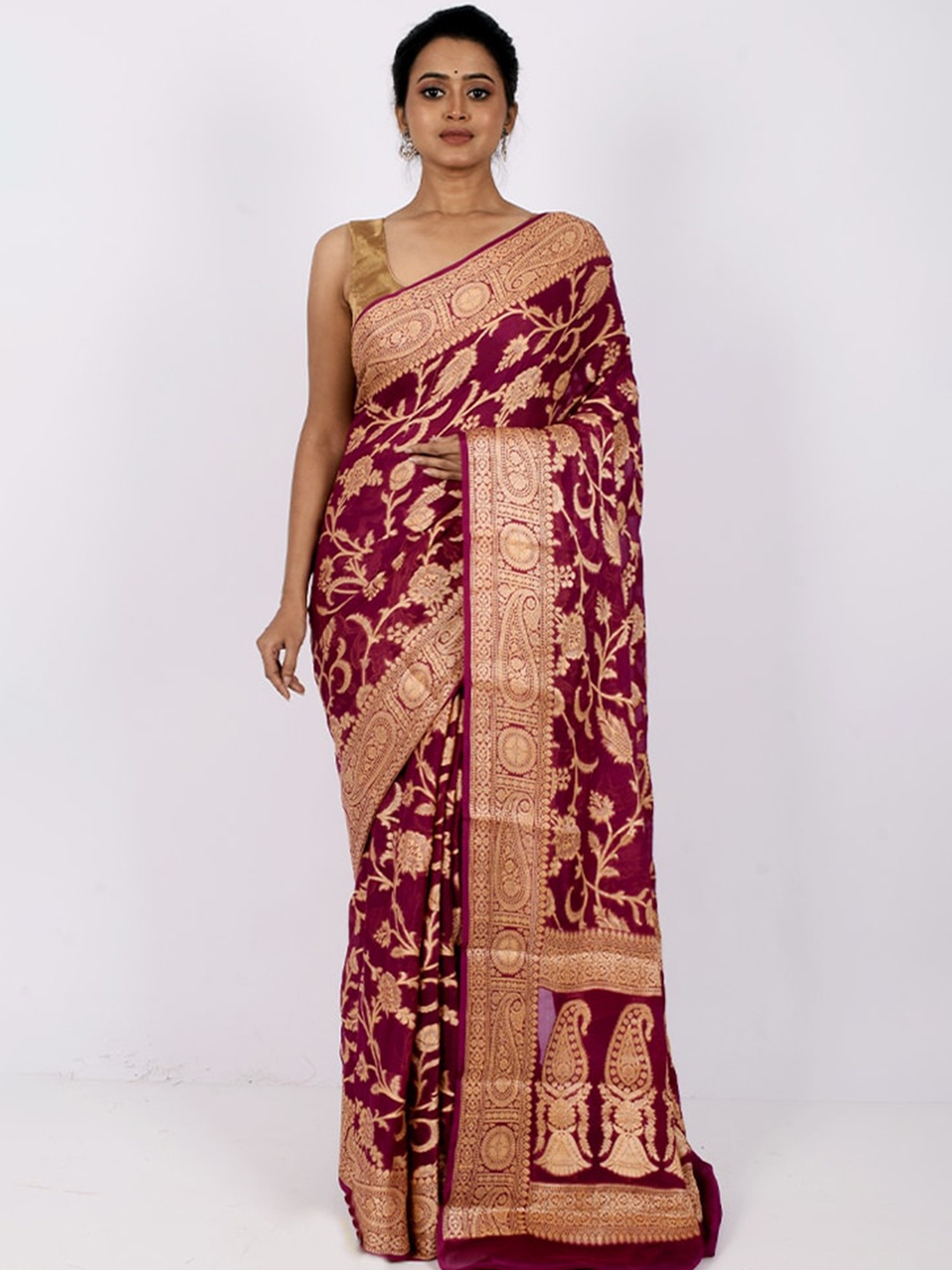 

AllSilks Pink & Gold-Toned Woven Design Zari Pure Georgette Saree