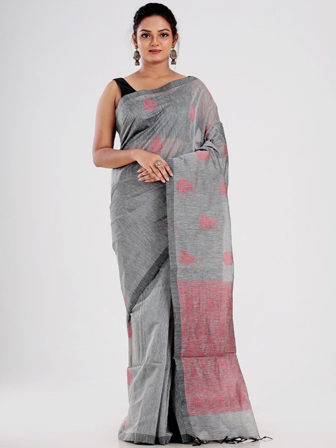 

AllSilks Grey & Red Woven Design Silk Blend Saree