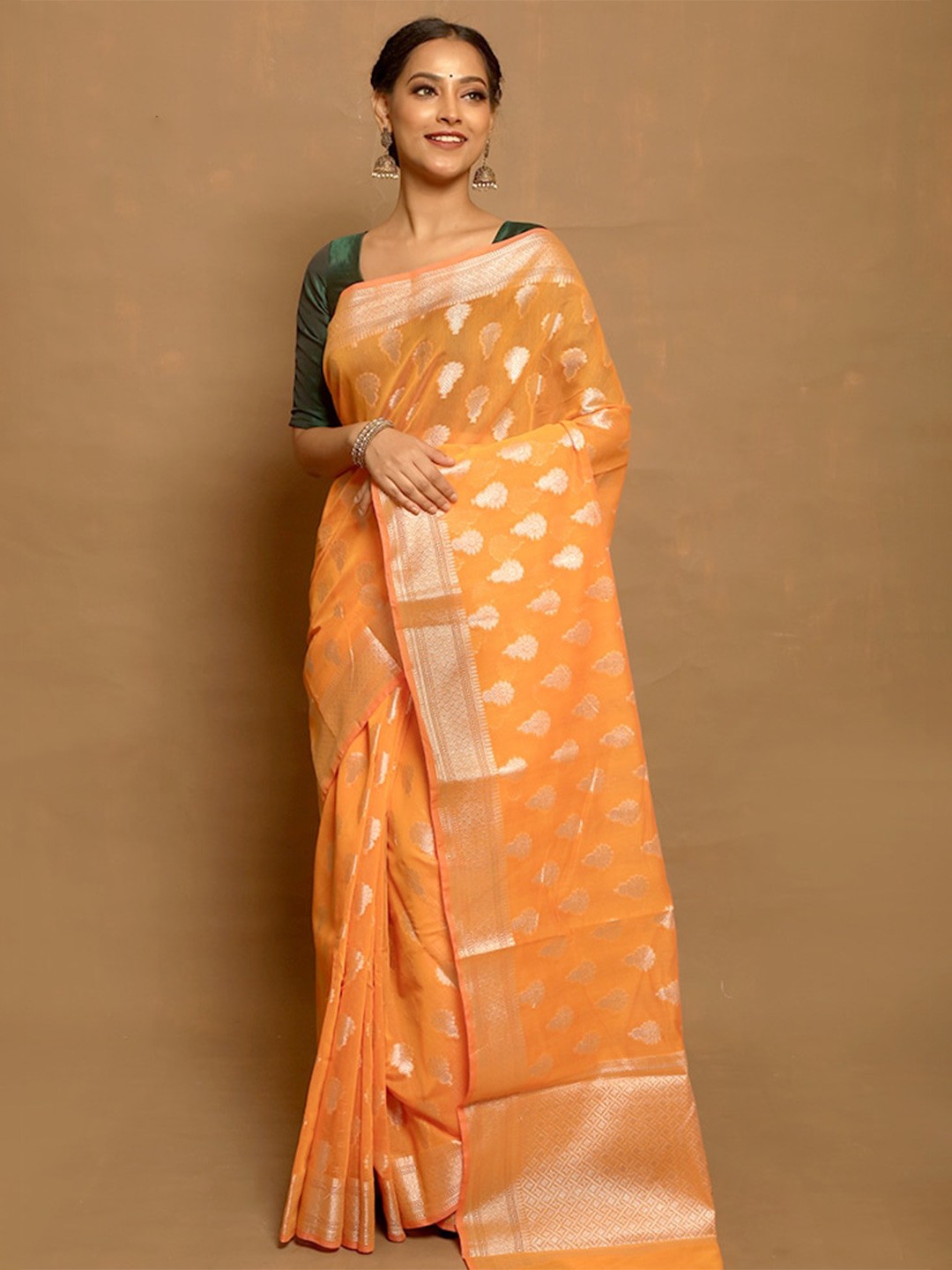 

AllSilks Orange & Gold-Toned Woven Design Zari Silk Cotton Saree