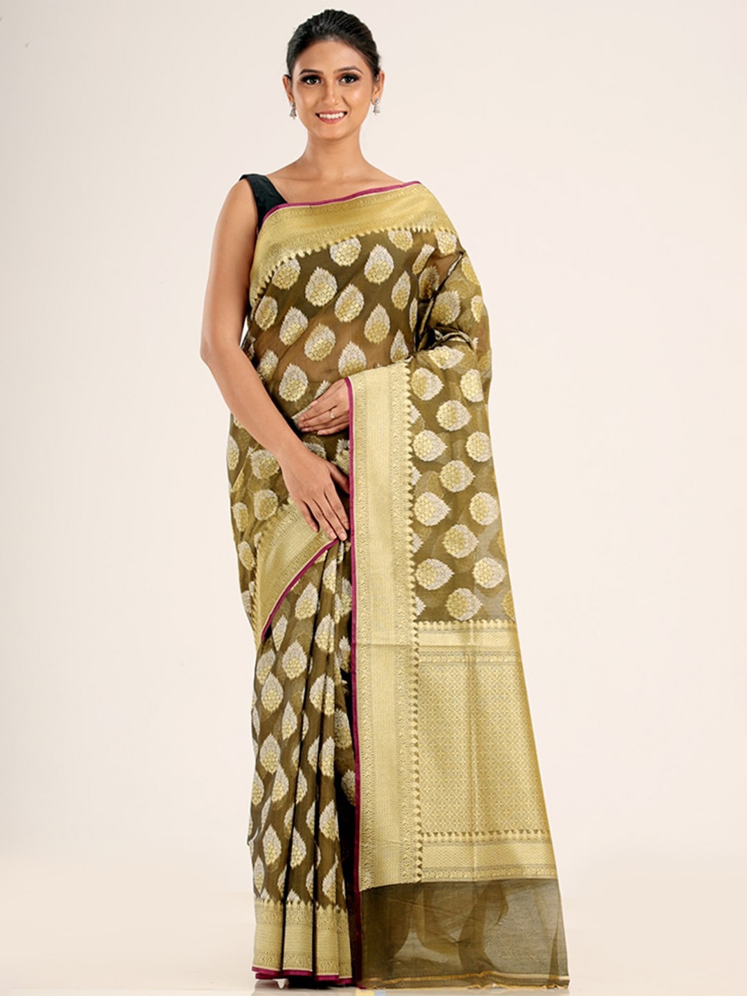 

AllSilks Olive Green & Gold-Toned Woven Design Zari Silk Cotton Saree