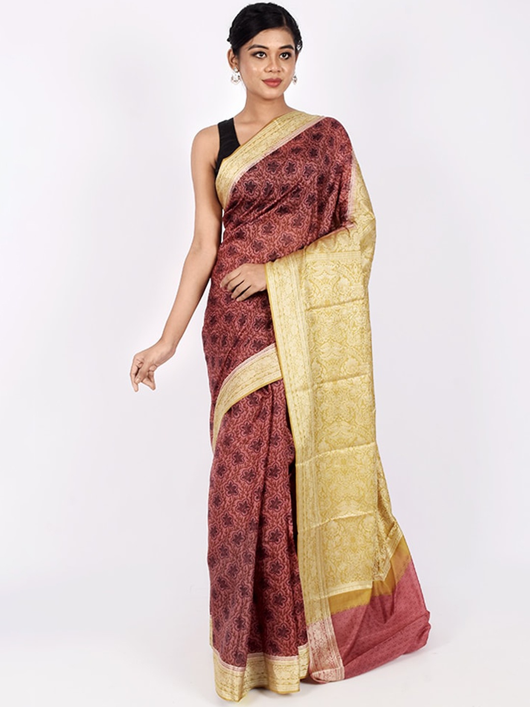 

AllSilks Brown & Mustard Floral Zari Pure Silk Saree