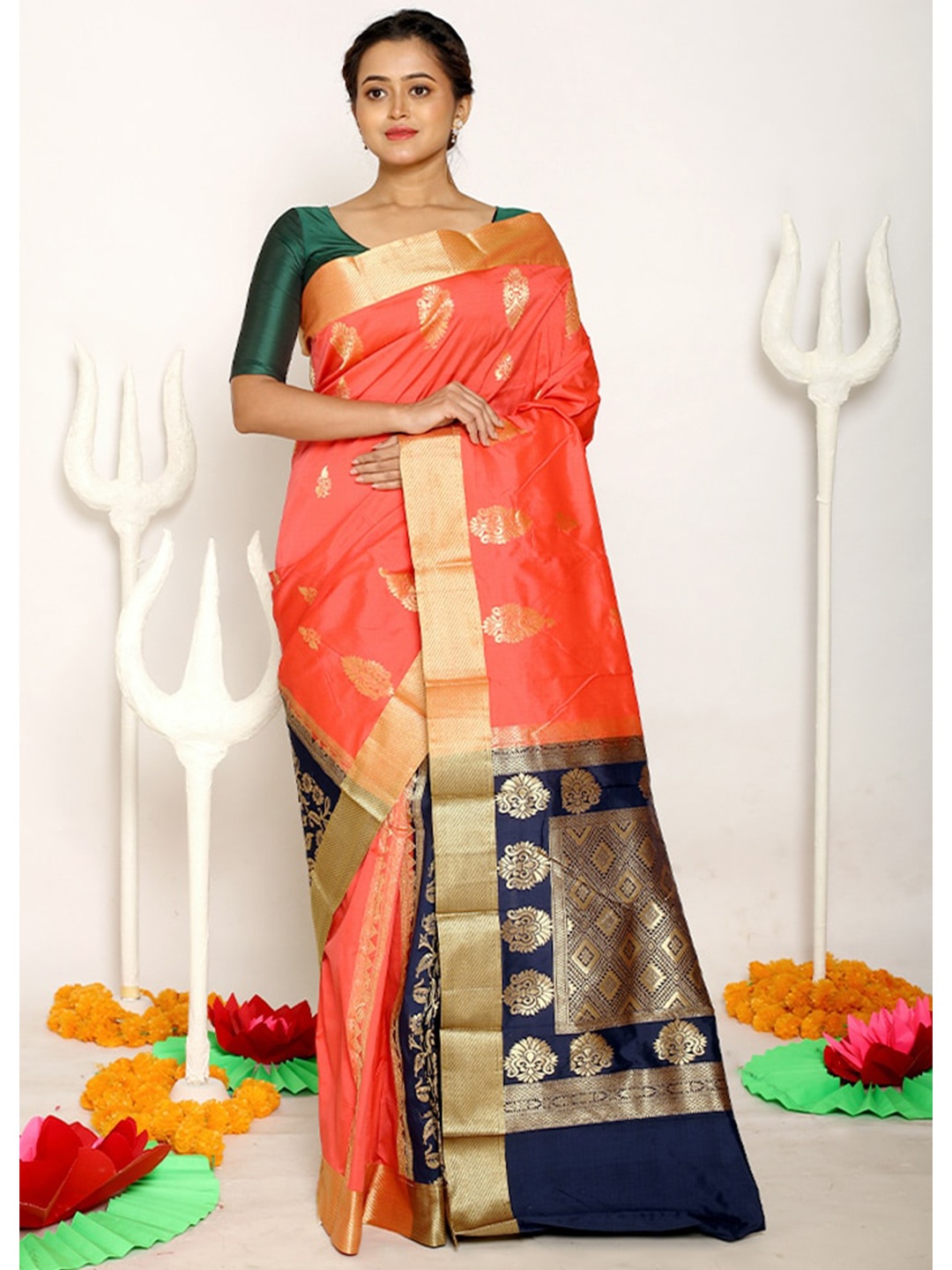 

AllSilks Pink & Blue Woven Design Zari Silk Blend Kanjeevaram Saree