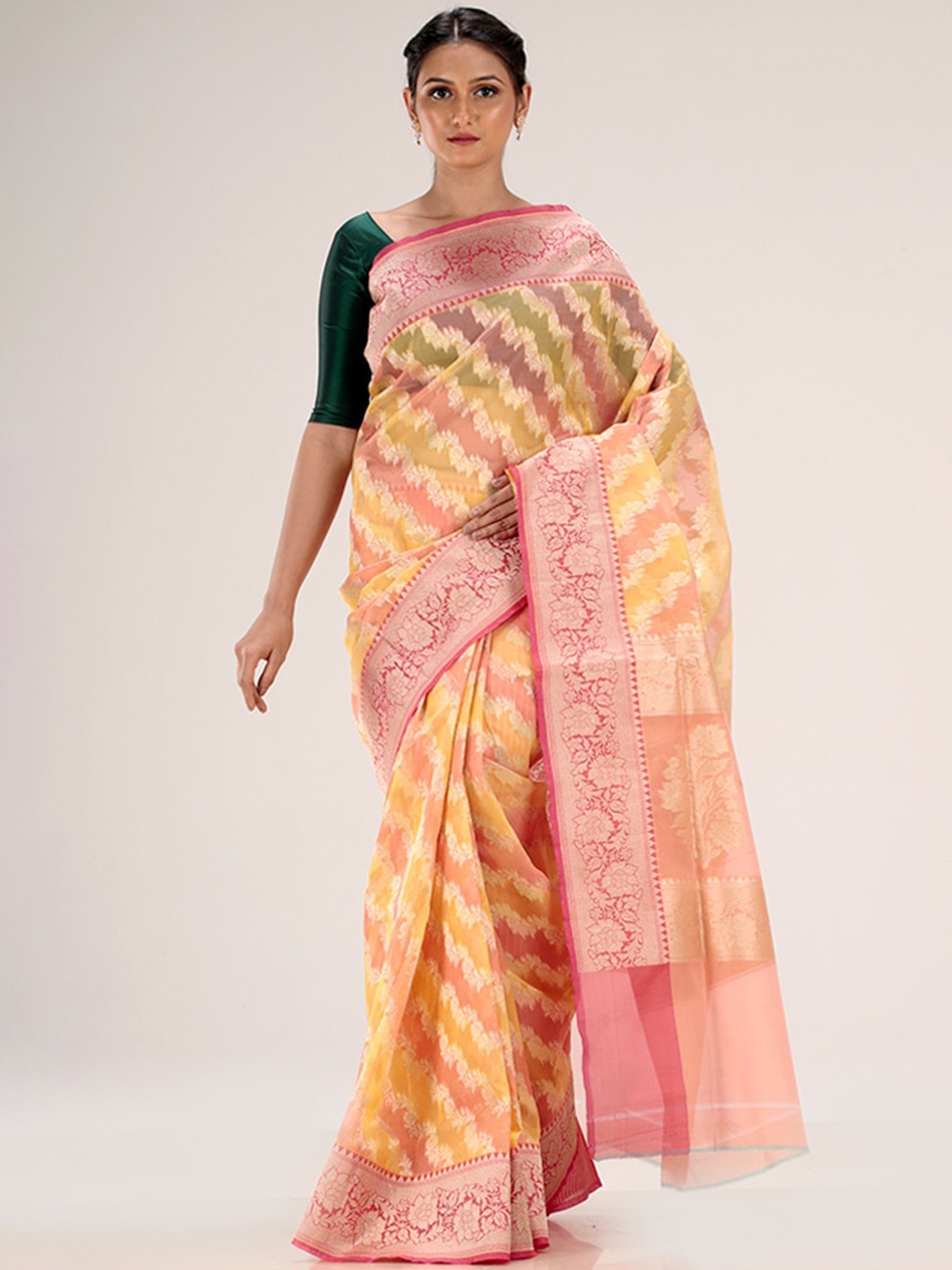 

AllSilks Yellow & Pink Woven Design Zari Silk Cotton Saree