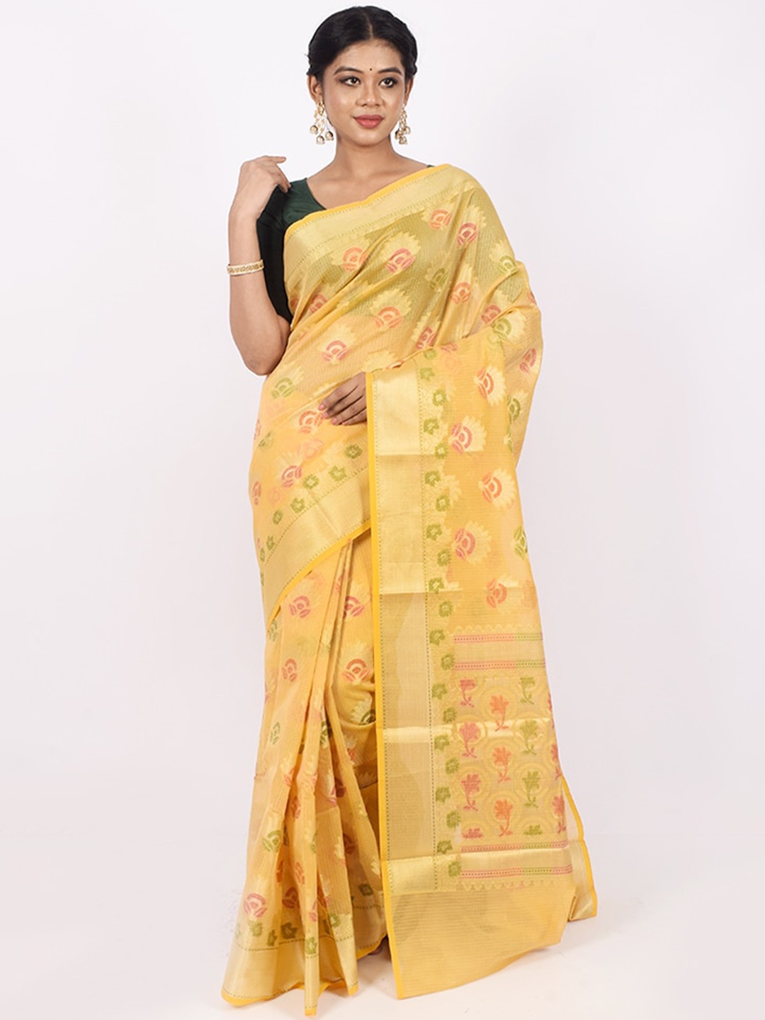 

AllSilks Yellow & Green Woven Design Zari Silk Cotton Saree