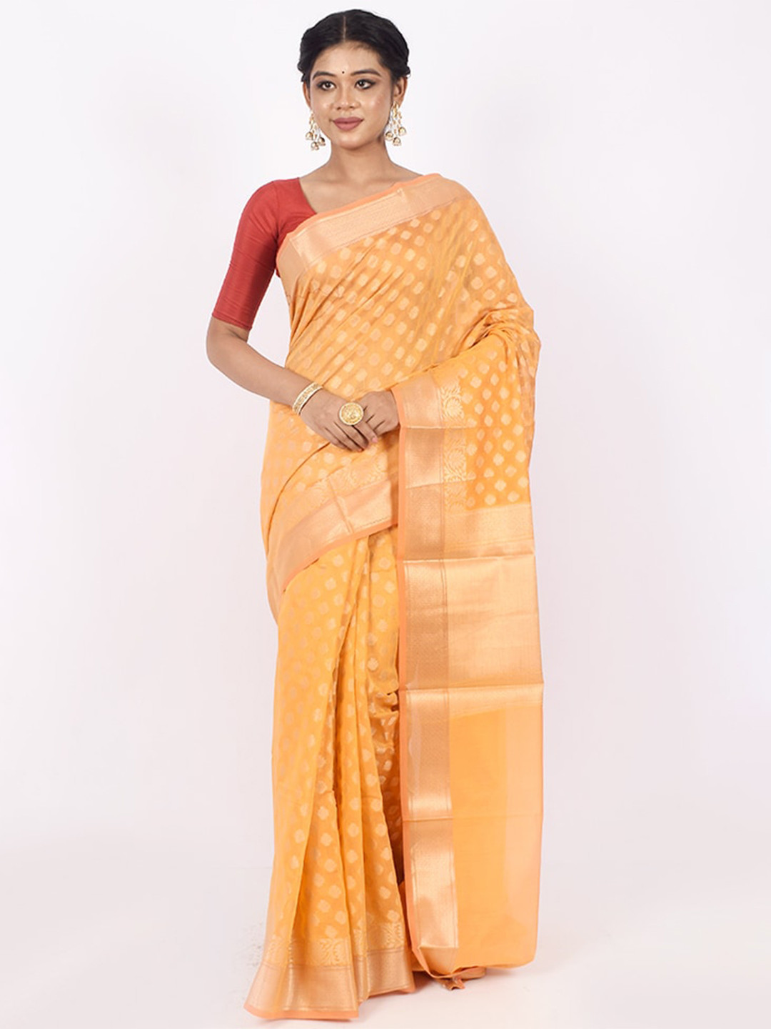 

AllSilks Yellow & Gold-Toned Woven Design Zari Silk Cotton Saree