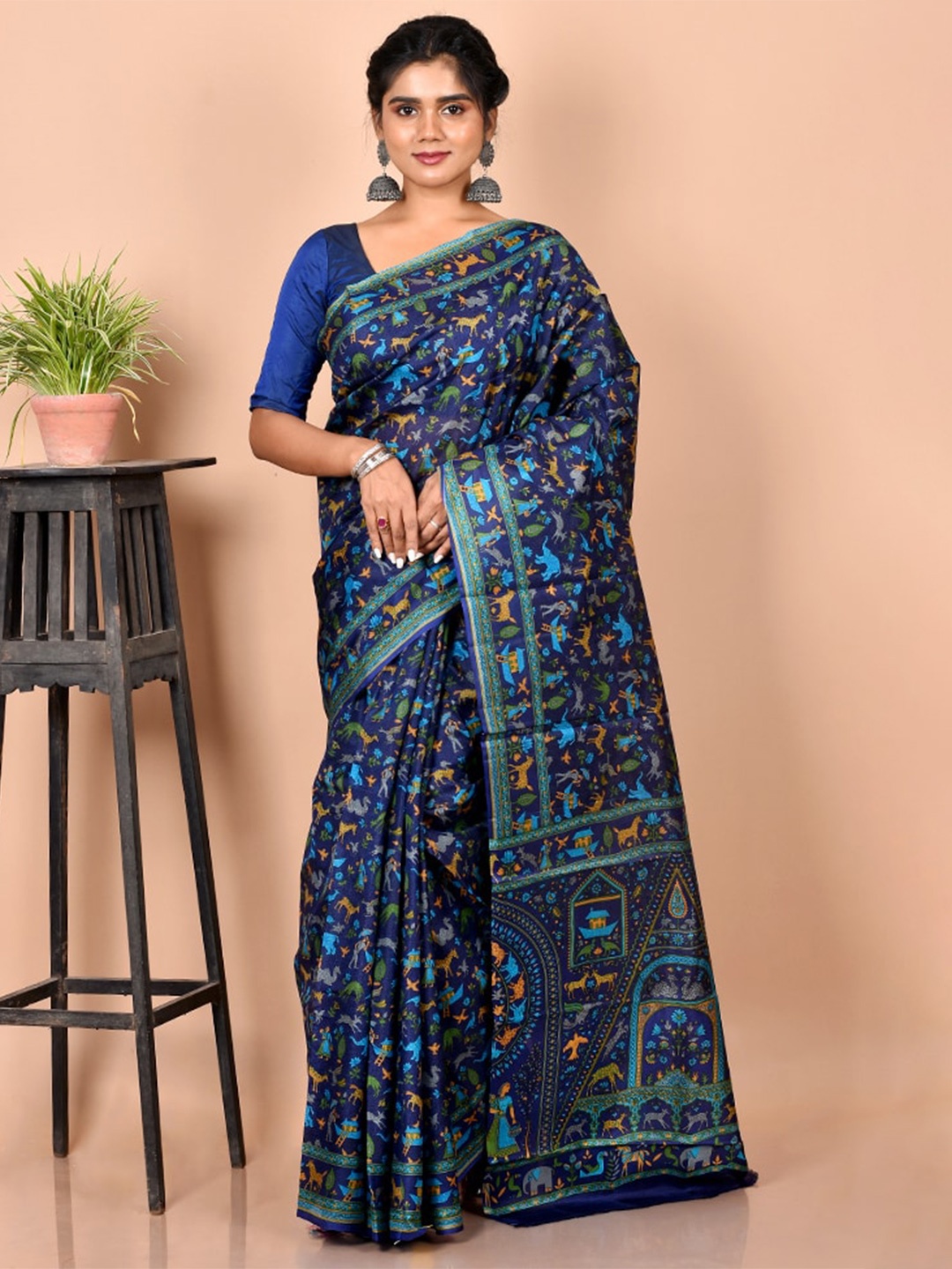 

AllSilks Navy Blue & Green Ethnic Motifs Pure Silk Saree