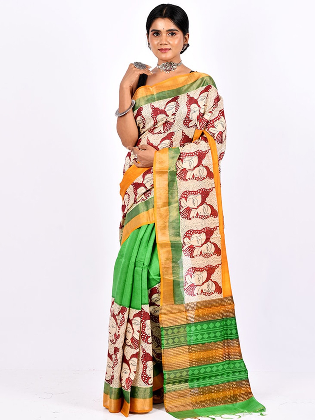 

AllSilks Yellow & Green Ethnic Motifs Silk Blend Tussar Saree