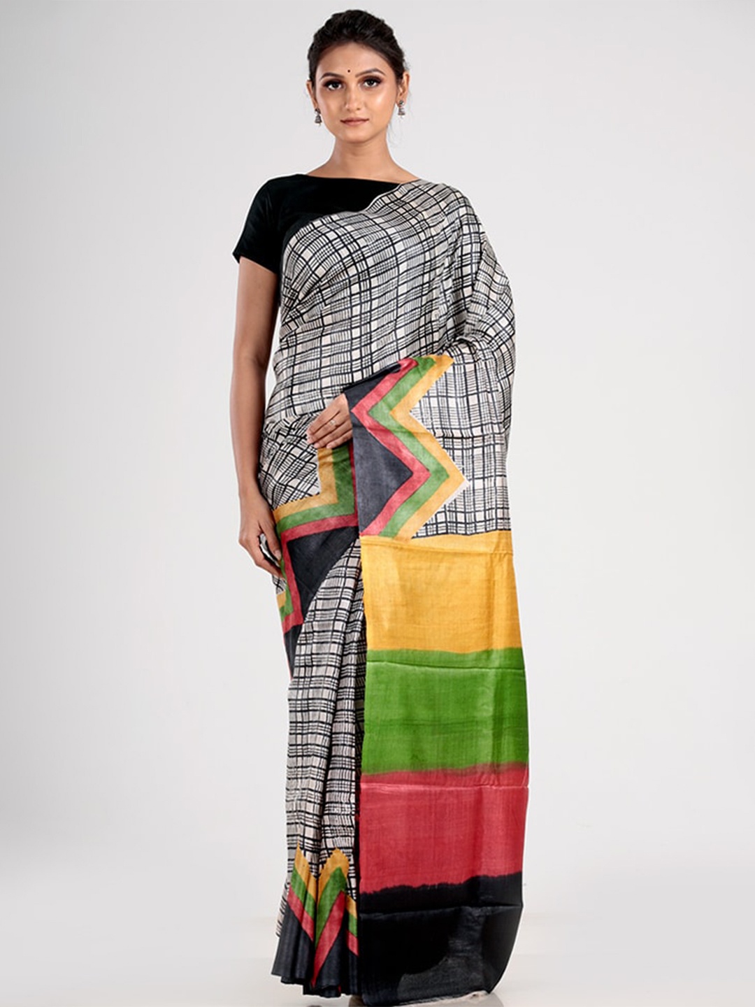 

AllSilks Cream-Coloured & Yellow Checked Silk Blend Tussar Saree