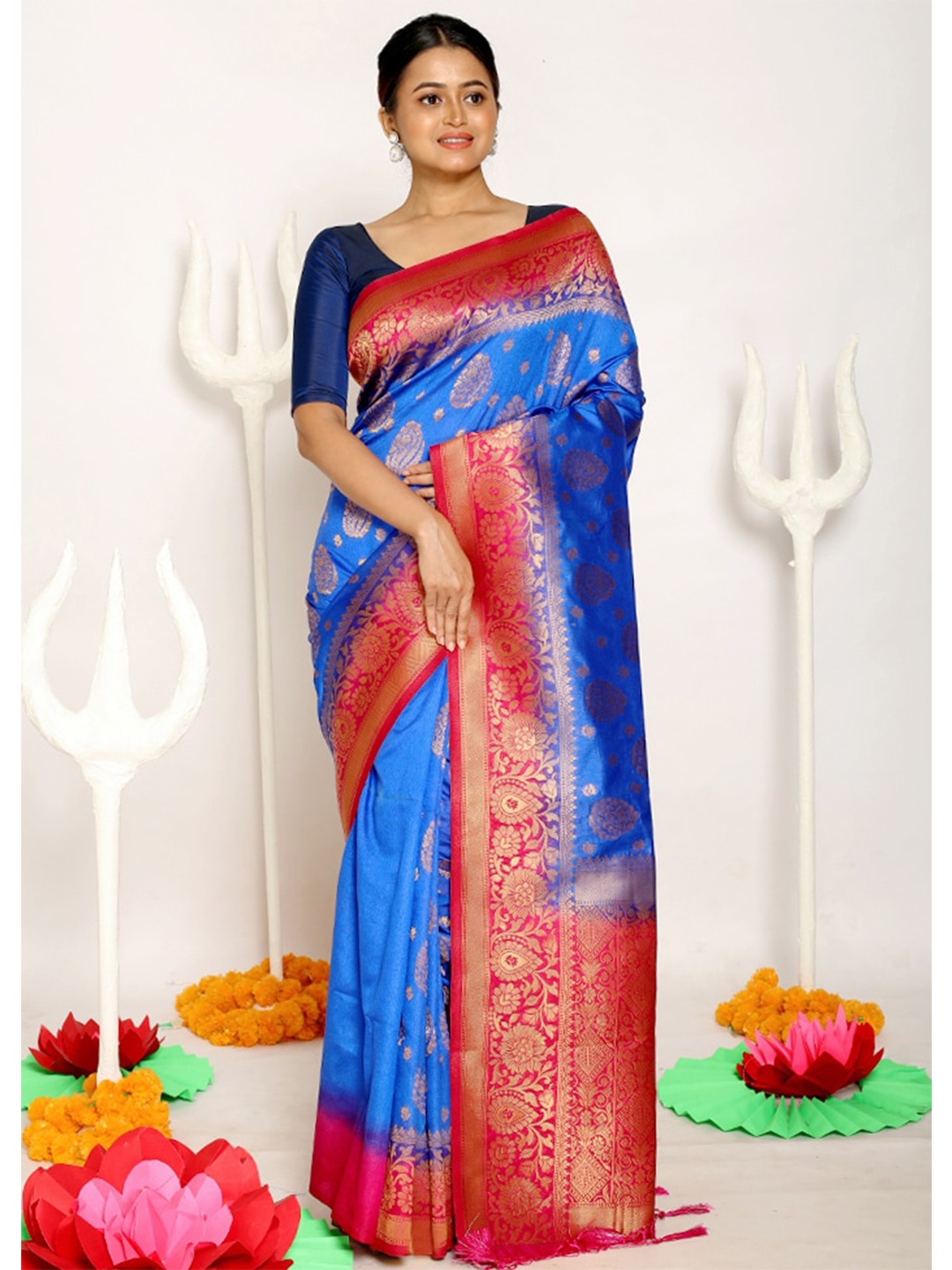 

AllSilks Blue & Red Woven Design Zari Silk Blend Saree
