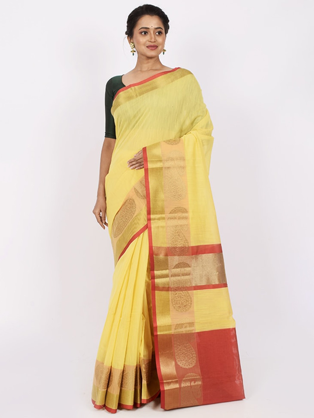 

AllSilks Yellow & Gold-Toned Woven Design Zari Silk Cotton Saree