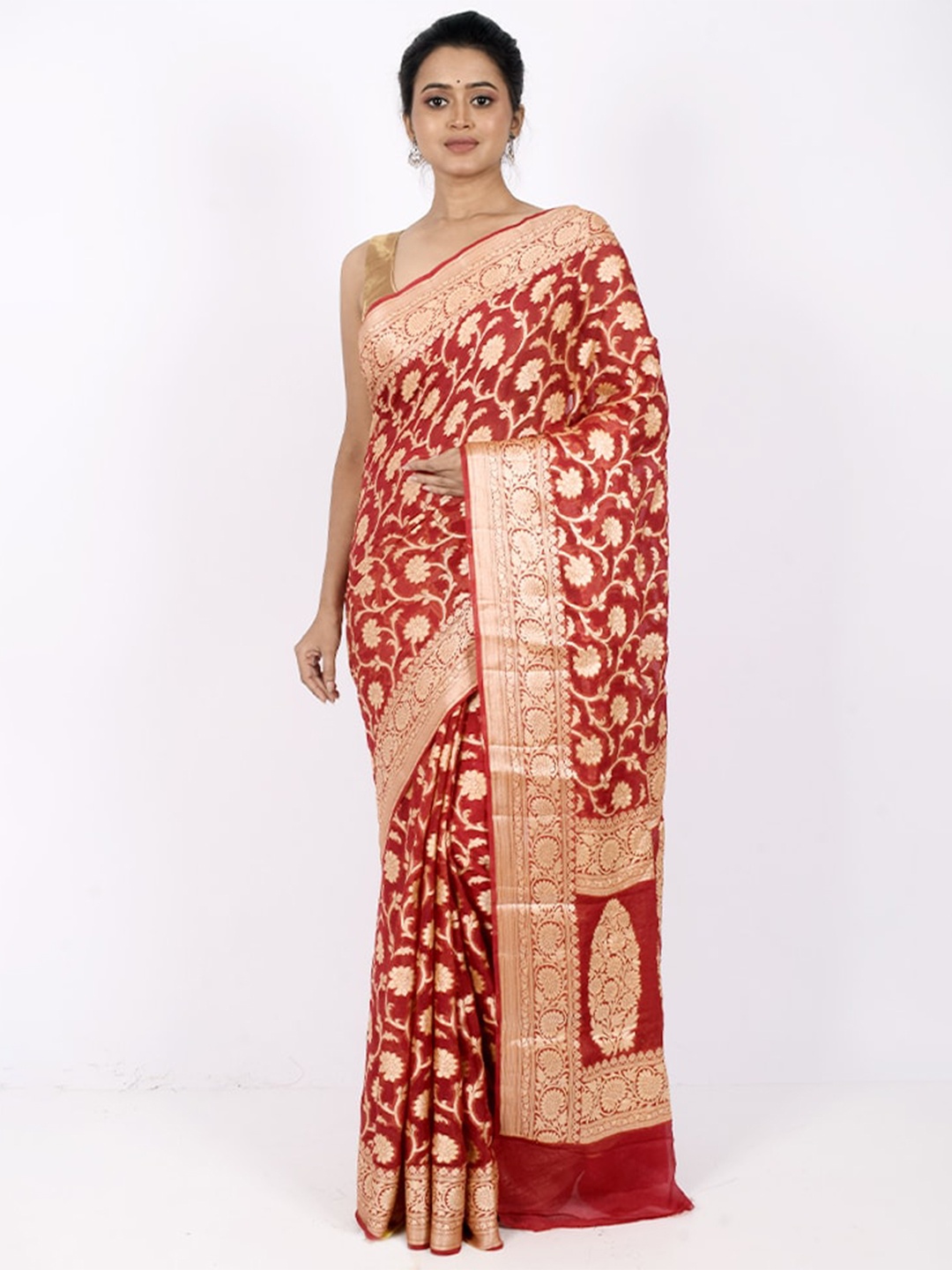

AllSilks Maroon & Gold-Toned Woven Design Zari Pure Georgette Saree