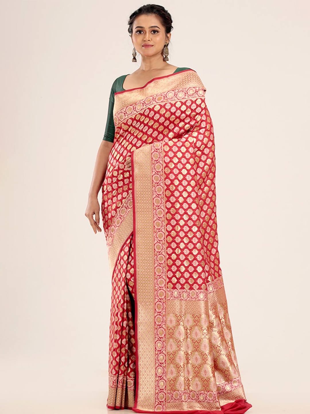 

AllSilks Red & Gold-Toned Woven Design Zari Silk Blend Uppada Saree