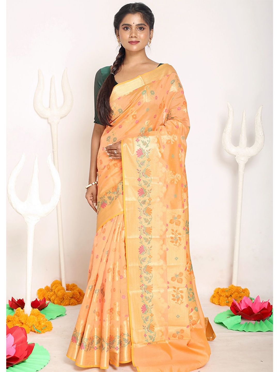 

AllSilks Peach-Coloured & Pink Woven Design Zari Silk Cotton Saree