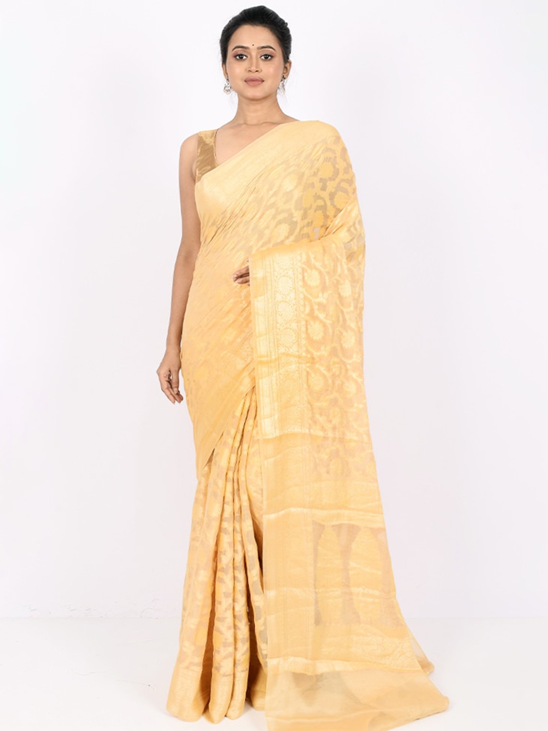 

AllSilks Cream-Coloured Woven Design Zari Pure Georgette Saree