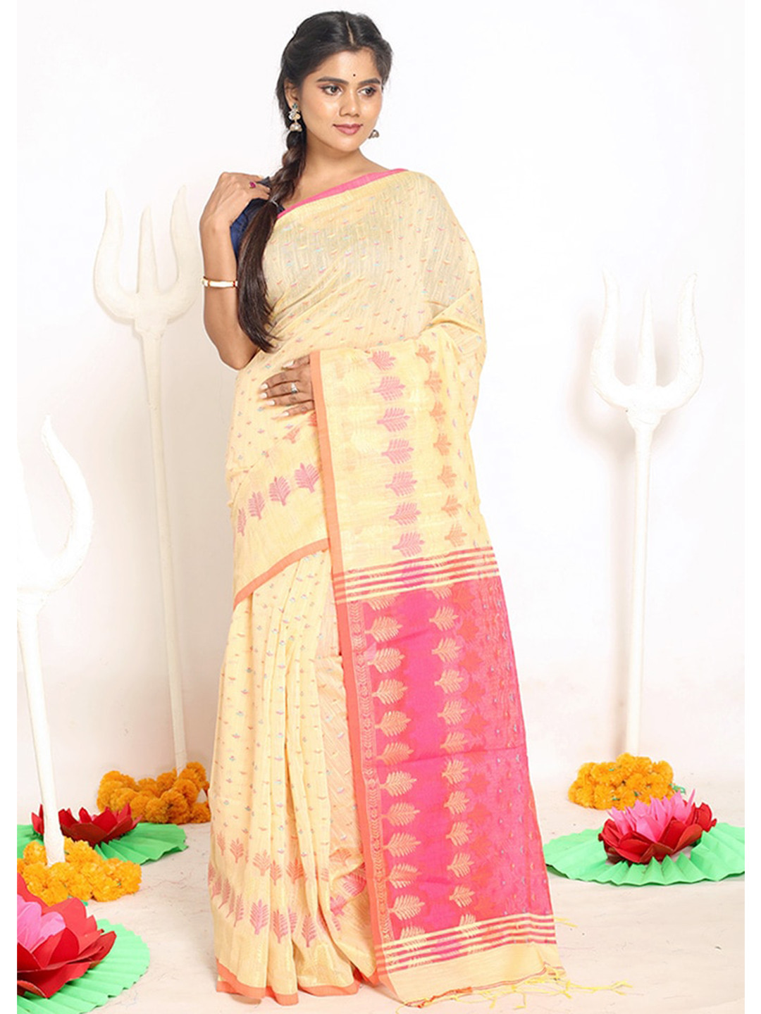 

AllSilks Cream-Coloured & Pink Floral Silk Blend Saree