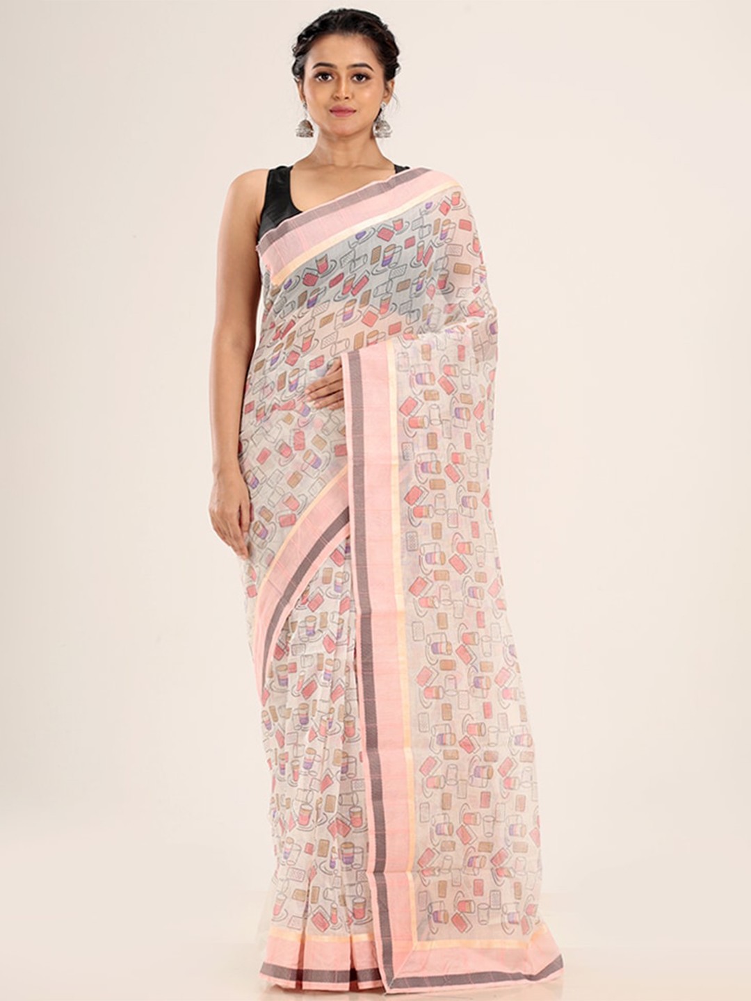 

AllSilks Cream-Coloured & Blue Zari Pure Cotton Saree