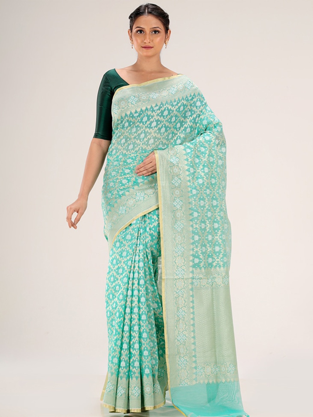 

AllSilks Blue & Silver-Toned Woven Design Zari Silk Cotton Saree